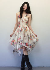Watercolor Floral Irregular V Neck Halter Dress image 2