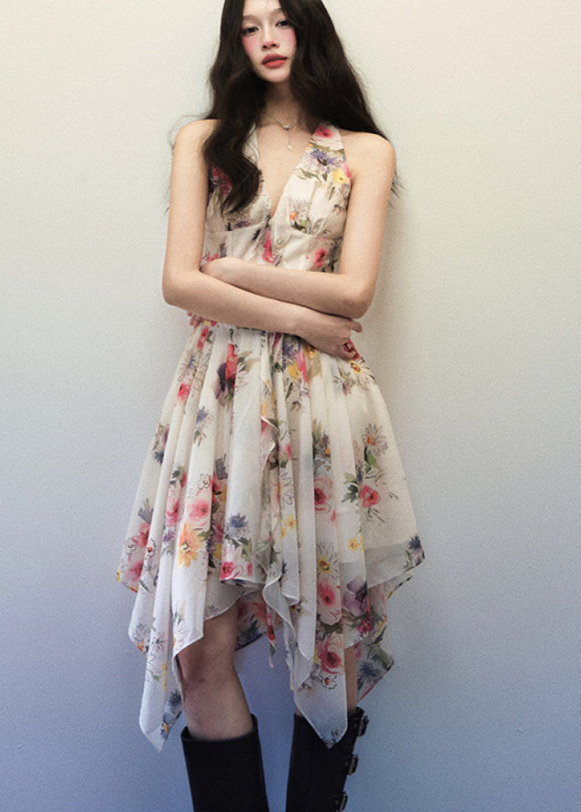 Watercolor Floral Irregular V Neck Halter Dress image 5