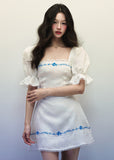 1P STUDIO White Linen Generous Collar Dress for Women Summer Blue Embroidered Horn Short Sleeve Hip Wrapping Short Skirt image 2