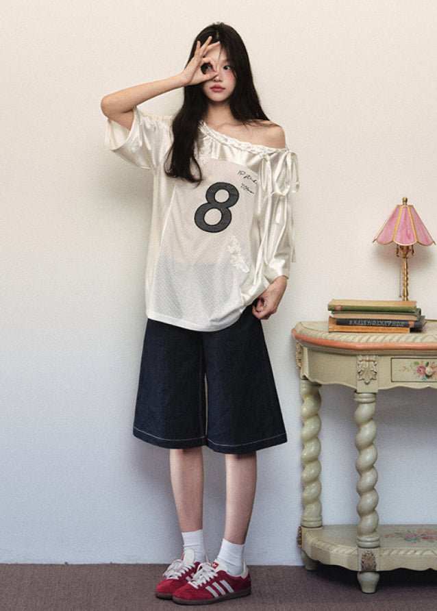 Glossy Patchwork Mesh Off Shoulder Jersey Top image 3