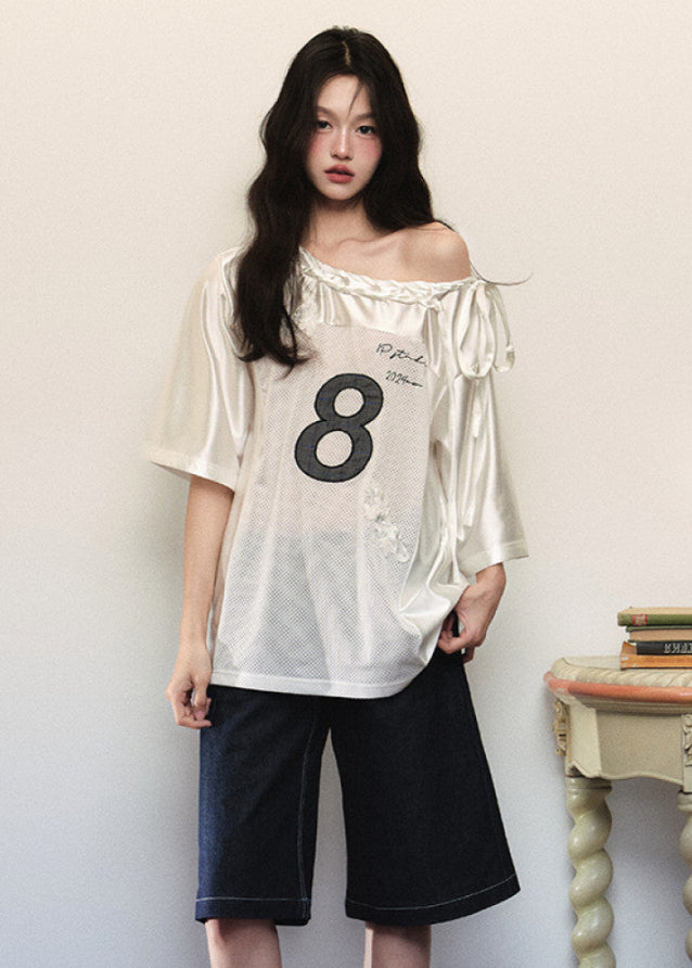 Glossy Patchwork Mesh Off Shoulder Jersey Top image 4