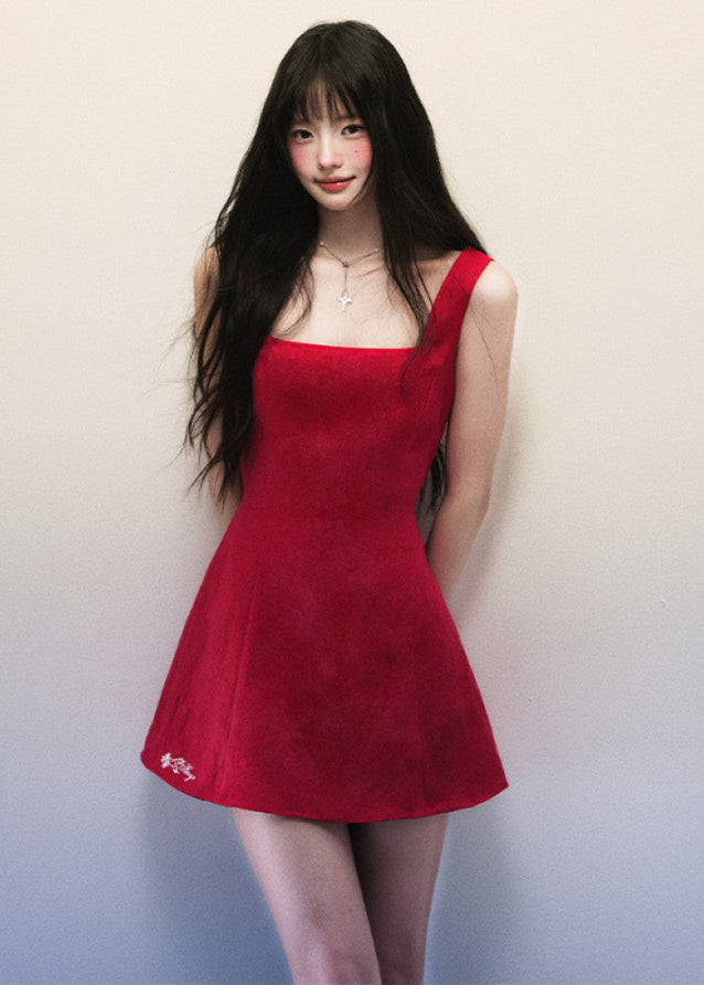 Red Cotton Hemp Large Collar A Line Dress image 2