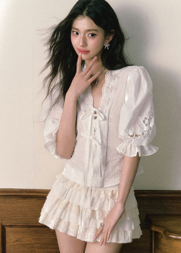 French V Neck Shirt Cake Skirt Set image 2