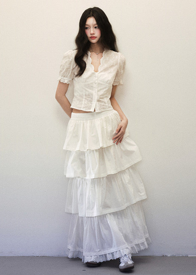 White Lace Waist Shirt Cake Skirt Set image 4