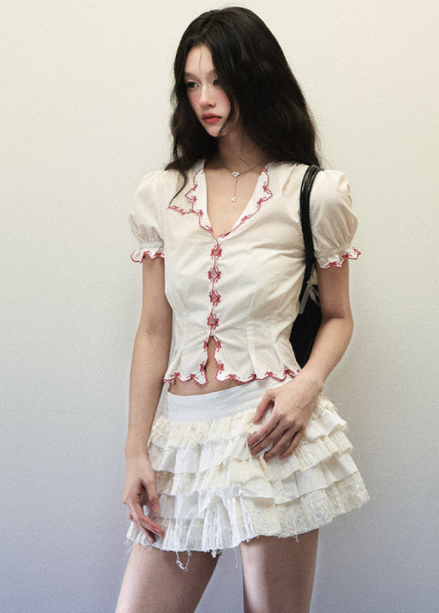White Cotton Bow Lace Short Sleeve V Neck Shirt image 3