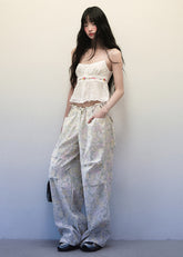 Light Green Floral Drawstring Wide Leg Pants image 2