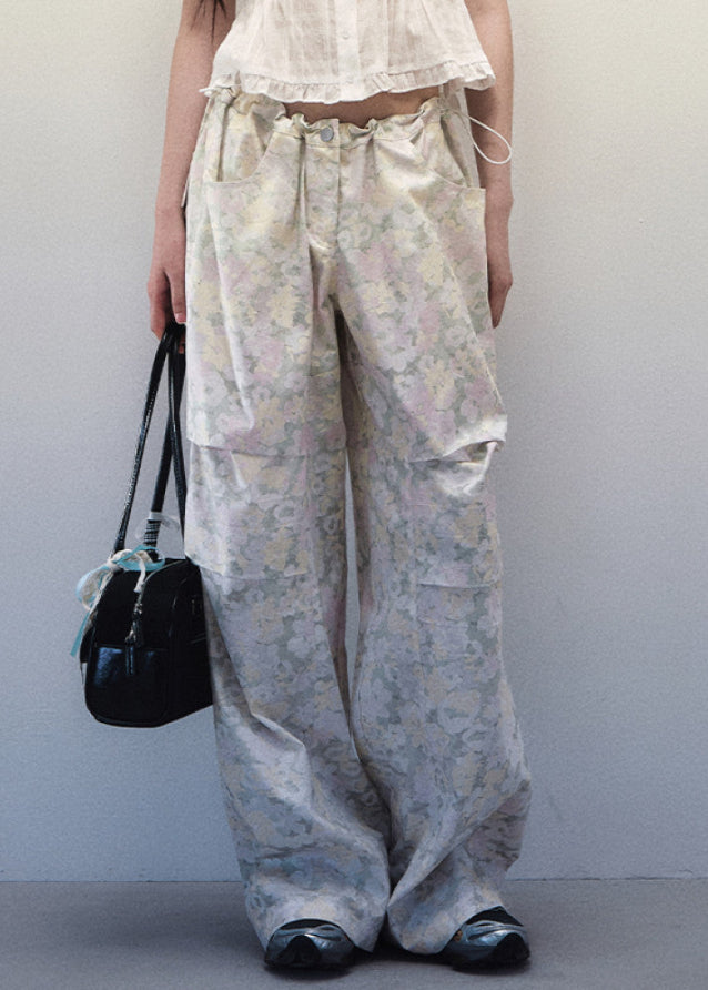 Light Green Floral Drawstring Wide Leg Pants image 6