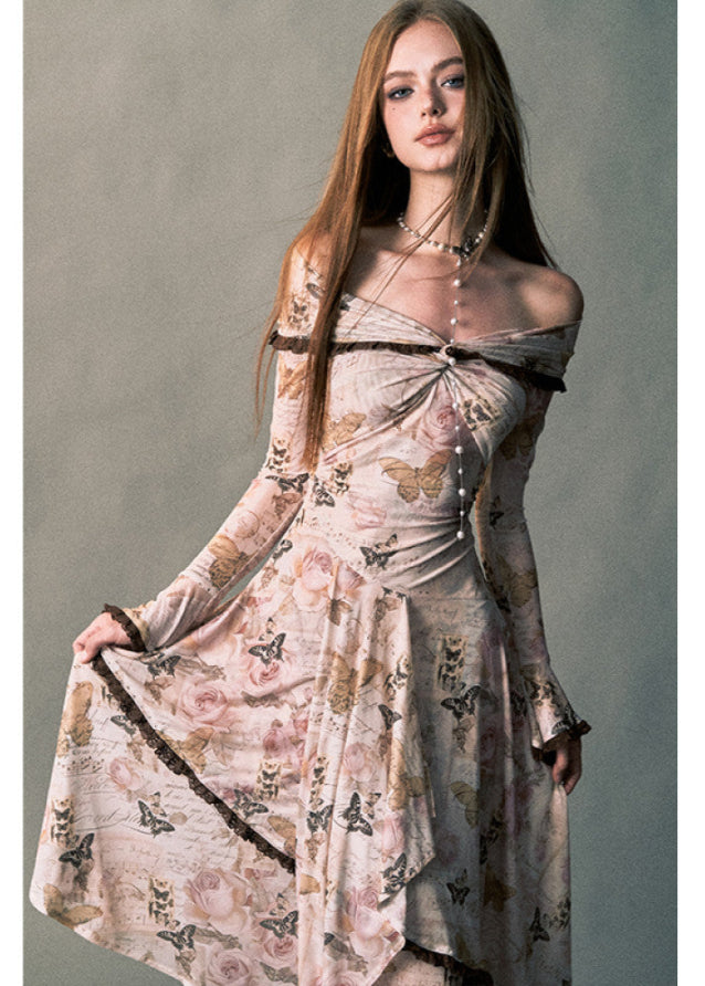 Rose Butterfly One Shoulder Swing Long Dress image 4