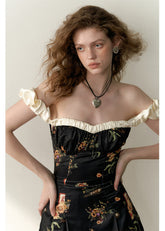 Black Floral Strapless Slim Fit One Shoulder Dress image 2