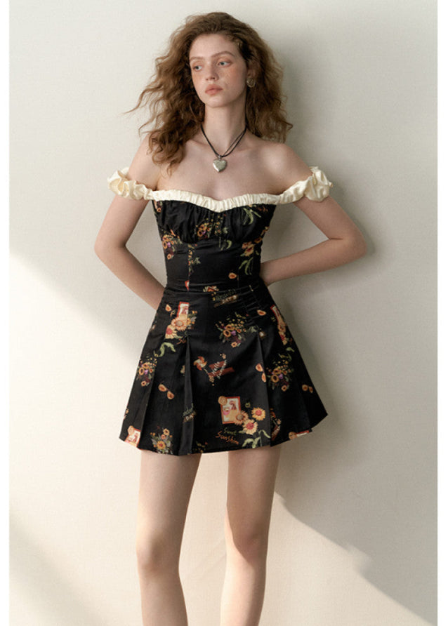 Black Floral Strapless Slim Fit One Shoulder Dress image 4