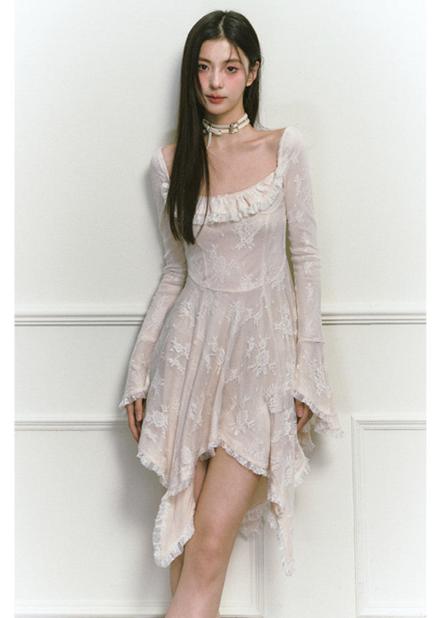 Beige Lace Square Collar Irregular Long Sleeve Dress image 3