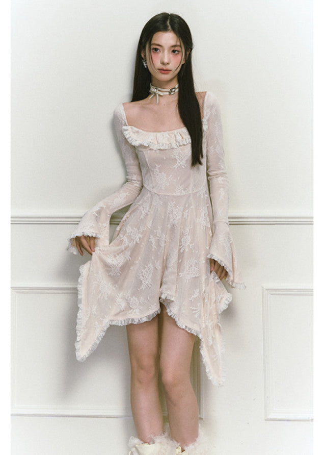 Beige Lace Square Collar Irregular Long Sleeve Dress image 4