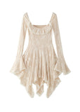 Beige Lace Square Collar Irregular Long Sleeve Dress image 5