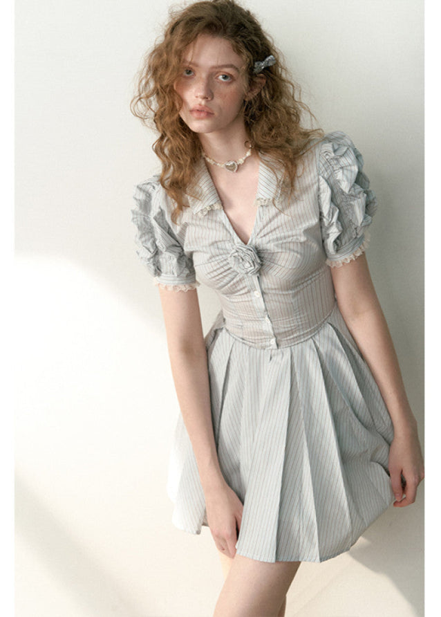 Blue Striped Bubble Sleeve Floral Pleated Dress image 3