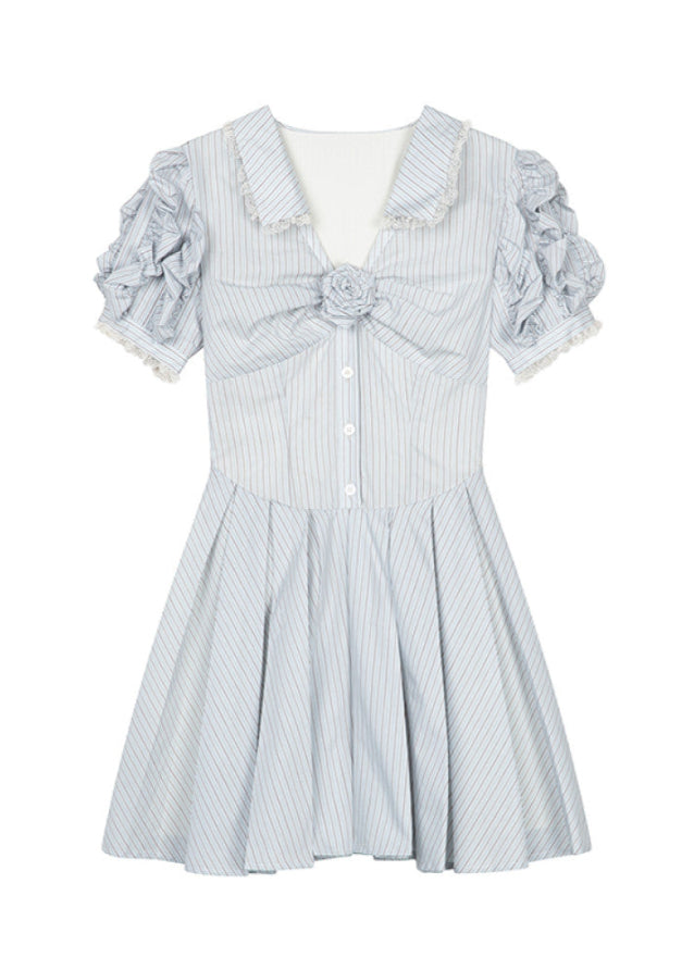 Blue Striped Bubble Sleeve Floral Pleated Dress image 5