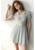 Blue Striped Bubble Sleeve Floral Pleated Dress image 6