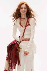 Square collar bow long-sleeved T-shirt