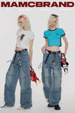 Bow retro workwear jeans multi-pocket loose casual straight pants