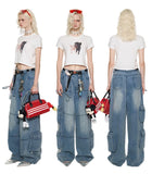 Bow retro workwear jeans multi-pocket loose casual straight pants