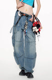 Bow retro workwear jeans multi-pocket loose casual straight pants