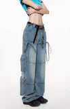 Bow retro workwear jeans multi-pocket loose casual straight pants