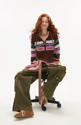 Retro contrast striped hooded sweater outerwear cardigan