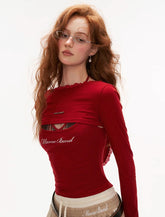 레이스 라운드넥 후드 긴팔 탑