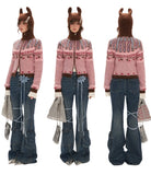 고양이 귀 후드 스웨터 핑크 지퍼 재킷 탑