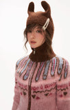 고양이 귀 후드 스웨터 핑크 지퍼 재킷 탑