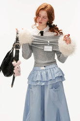 College style fake fur sleeve one-shoulder sweater