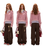 하이 칼라 패치워크 울 스웨터 카디건