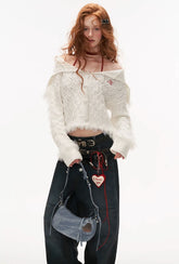 하이 칼라 패치워크 울 스웨터 카디건