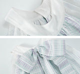 녹색과 보라색 체크 무늬 주름 스커트 리본 홀터 드레스