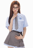 스트라이프 셔츠 & 플리츠 그레이 스커트 세트
