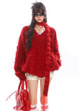 Red Scarf V-Neck Knit Sweater