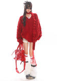 Red Scarf V-Neck Knit Sweater