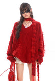 Red Scarf V-Neck Knit Sweater