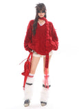 Red Scarf V-Neck Knit Sweater