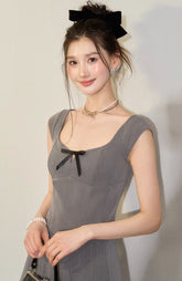 리본 U넥 슬리브리스 허리 달콤한 A라인 드레스