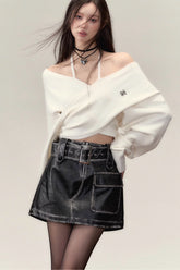 Off-shoulder design clavicle knit sweater wool tops