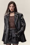 헤비 컬러 PU 가죽 재킷과 가죽 스커트 투피스 슈트