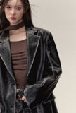 헤비 컬러 PU 가죽 재킷과 가죽 스커트 투피스 슈트