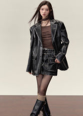 Heavy color PU leather jacket and leather skirt two-piece suit