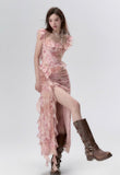 이어엣지 백리스 웨이스트 플로럴 리본 드레스 롱 스커트