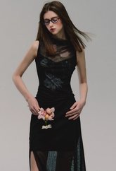 블랙 메시 슬림 슬릿 미디 드레스