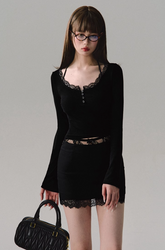 로우웨이스트 레이스 스플라이싱 스트레이트 스커트