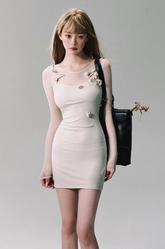 White Slim Fit Dress with 3D Flowers