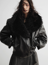 Genderless Wrap PU Leather Jacket with Fur Collar