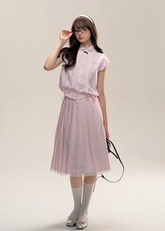 Drawstring Sleeve Shirt & Pleated Skirt Set