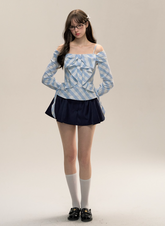 Blue Plaid One-Shoulder Bow Top